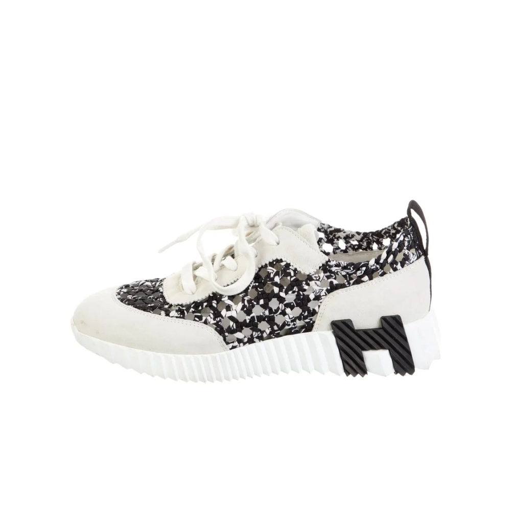 Hermes Bouncing Women's Black and White Patterned Sneakers, 7, GUC, Luxury, Auth